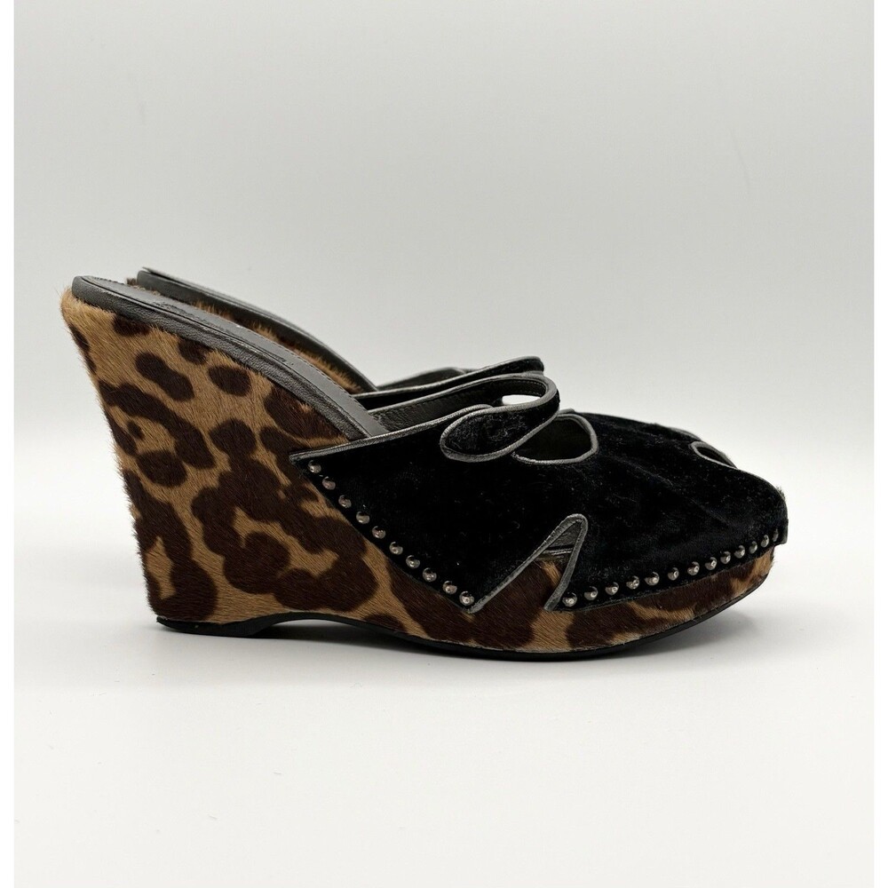 Prada Leopard Print Calf Hair Wedges Black Cut-Out & Stud Details Y2K Sz EU 36.5